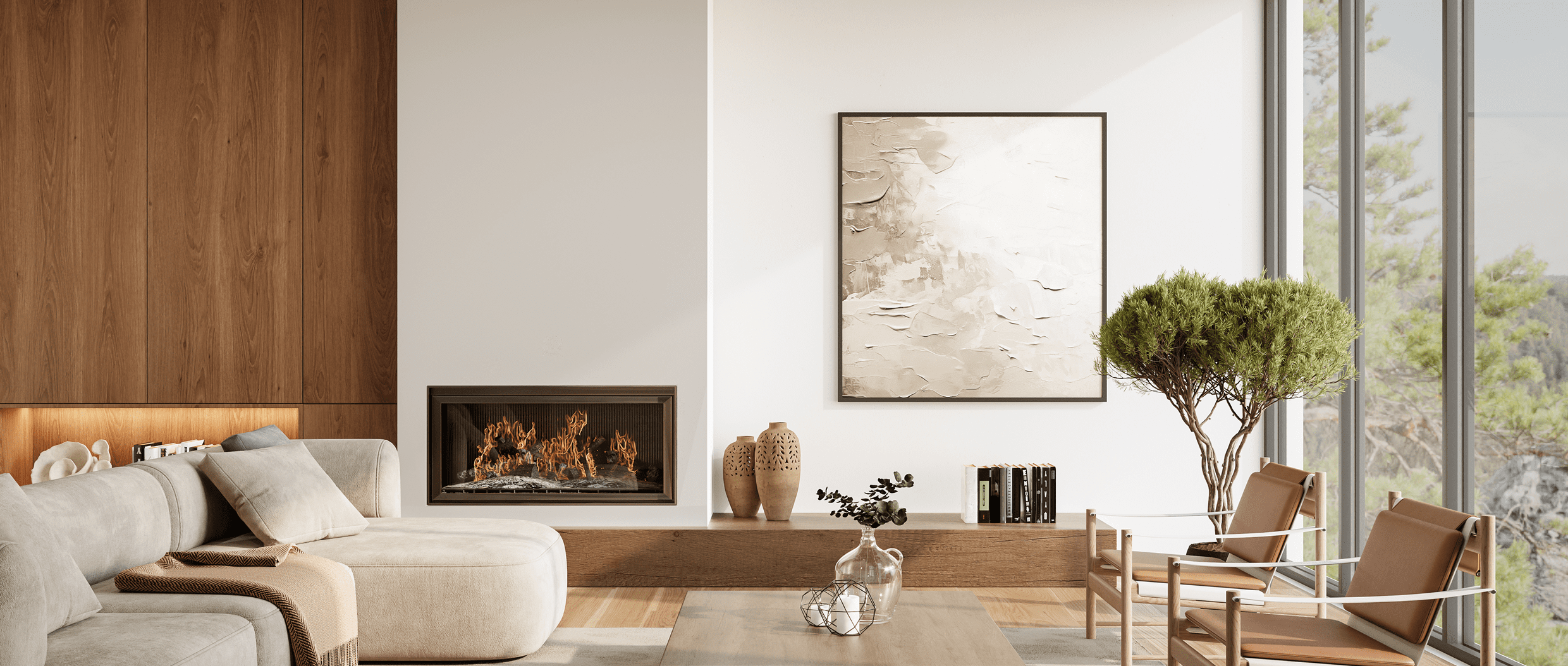 Modern living room with fireplace